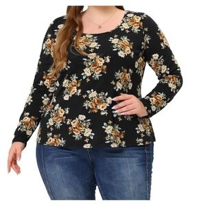 Agnes Orinda Womens‎ Plus 4X Floral Print Long Sleeve Scoop Neck Blouse Black